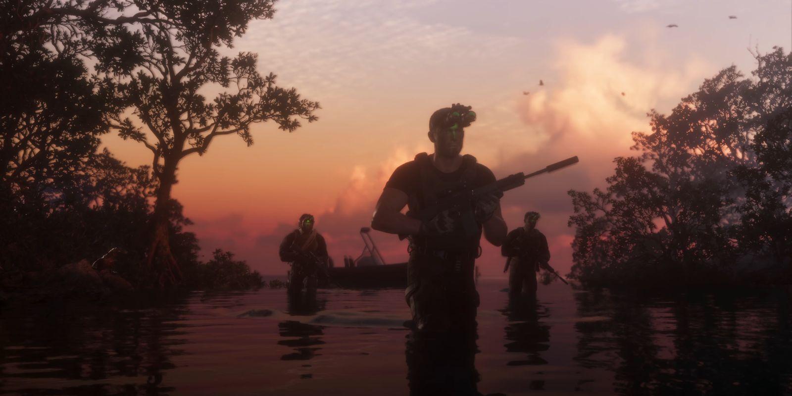 An armed group wades through shallow water beneath an orange sky.