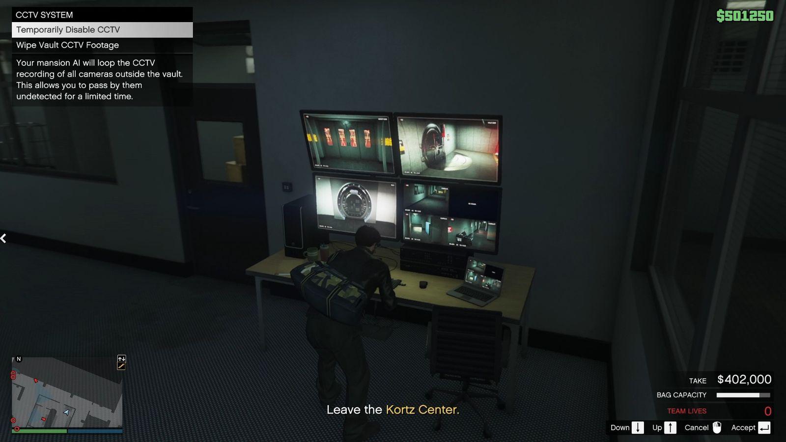 Going back to the same computer inside the security room to wipe the CCTV footage and disable the cameras.