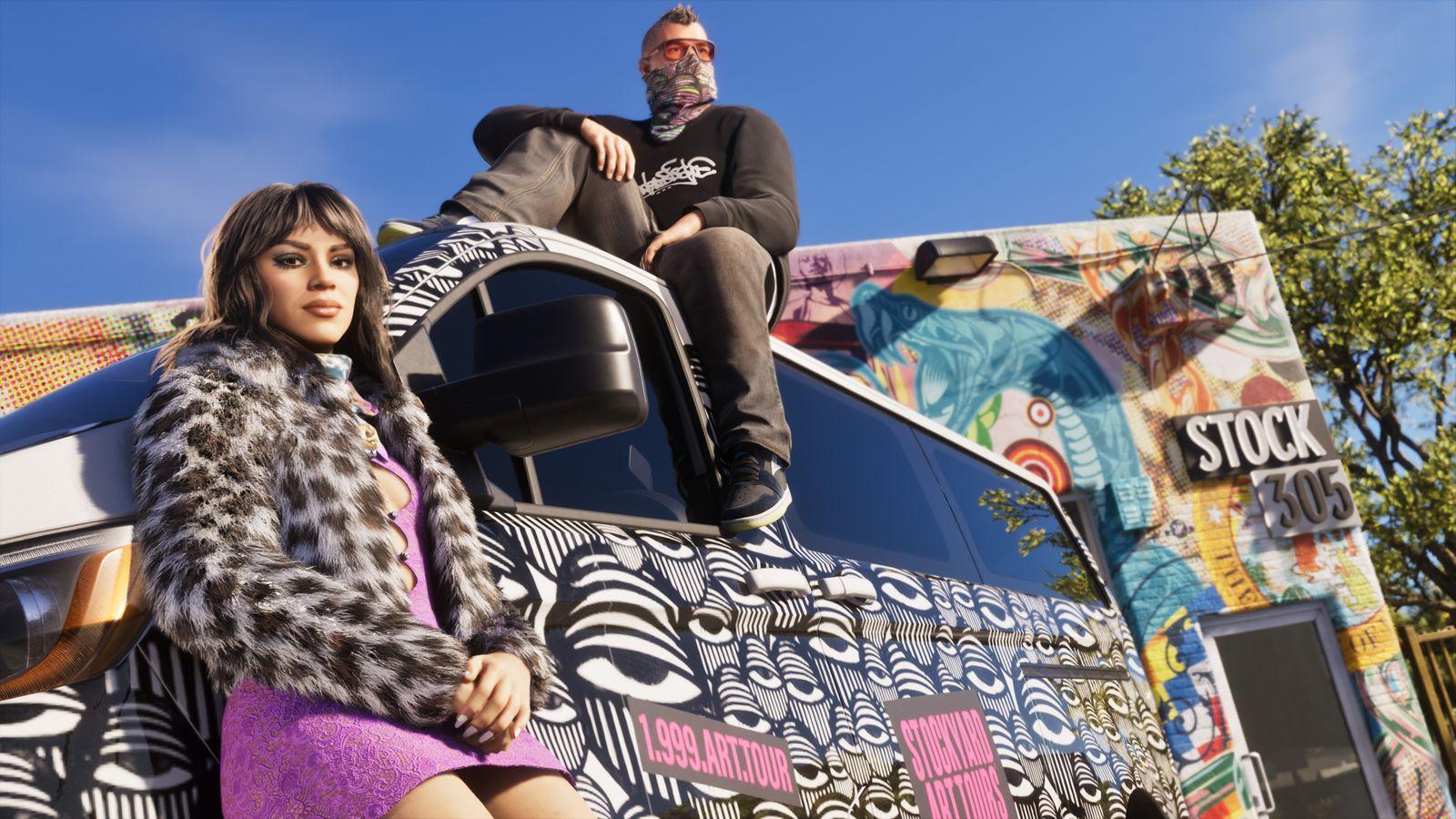 Lucia beside a patterned van with Jason sitting on its roof outside the Stock 305 store.