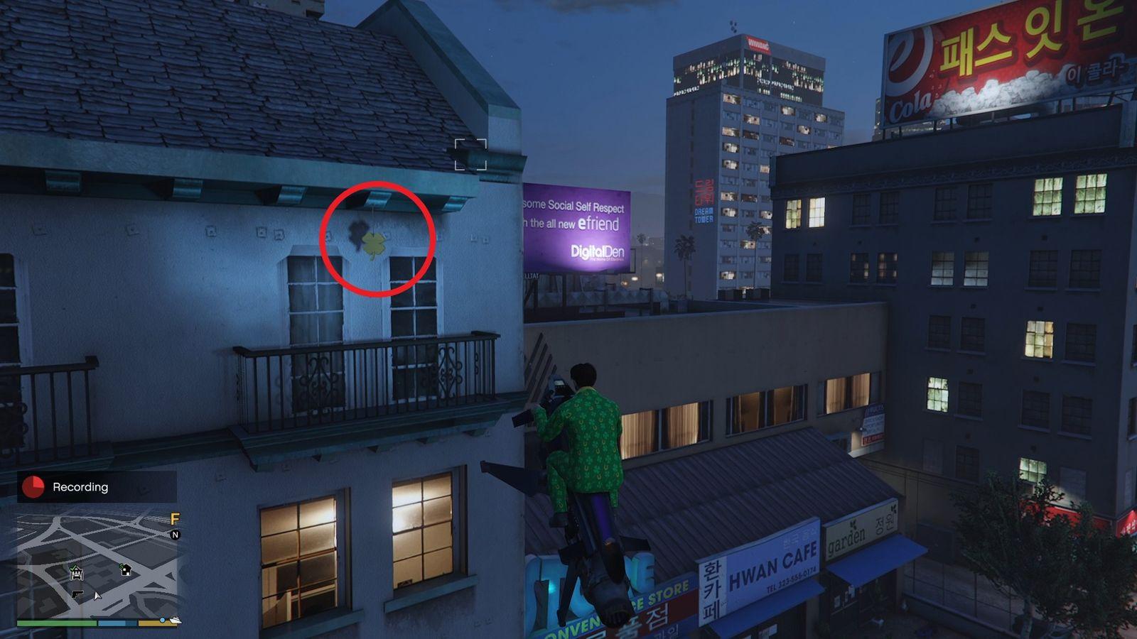 The golden clover will be hanging on the upper floor balcony window of a building in Little Seoul.