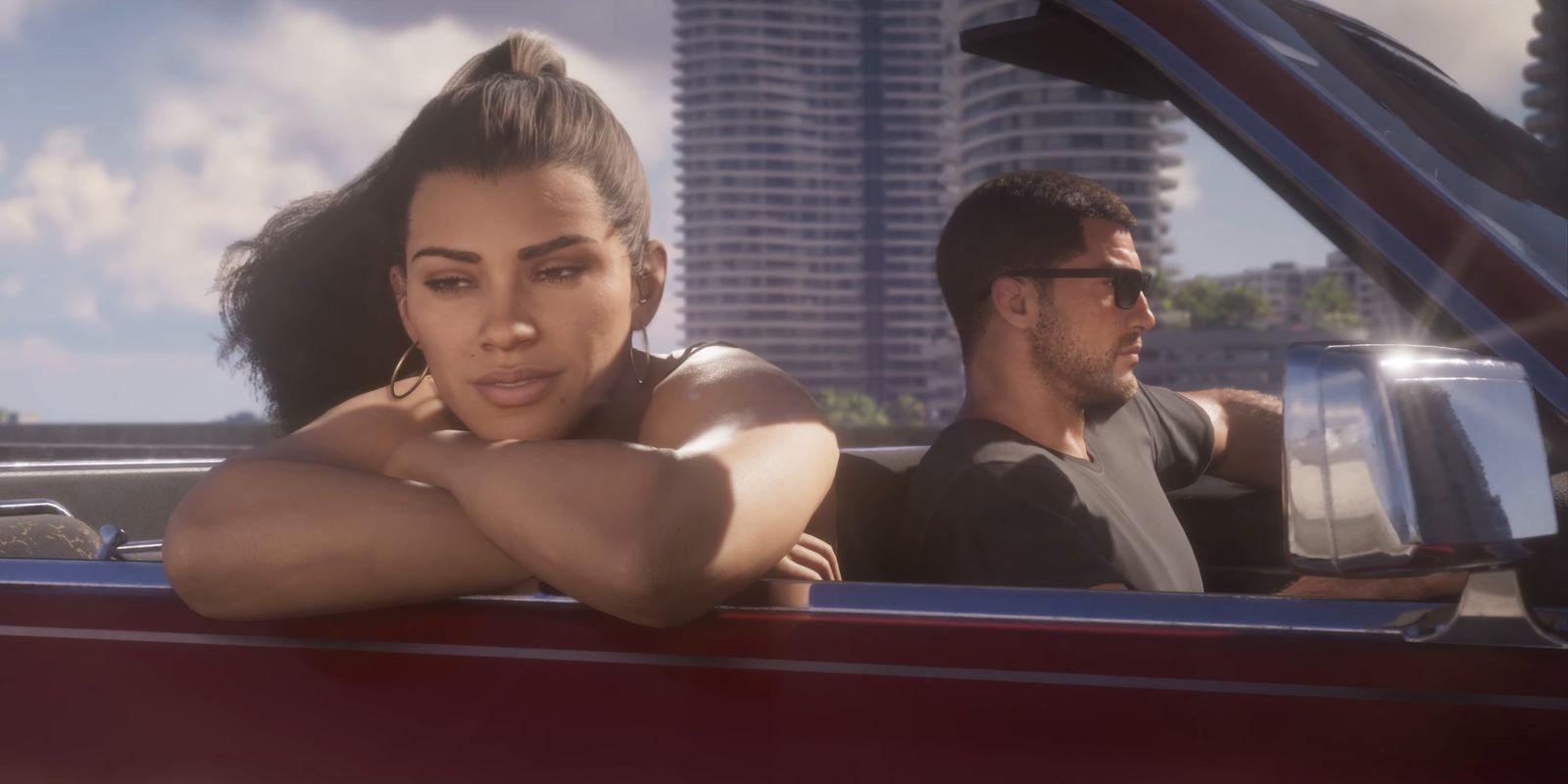Lucia rests her arms on the convertible’s door while Jason sits at the wheel.