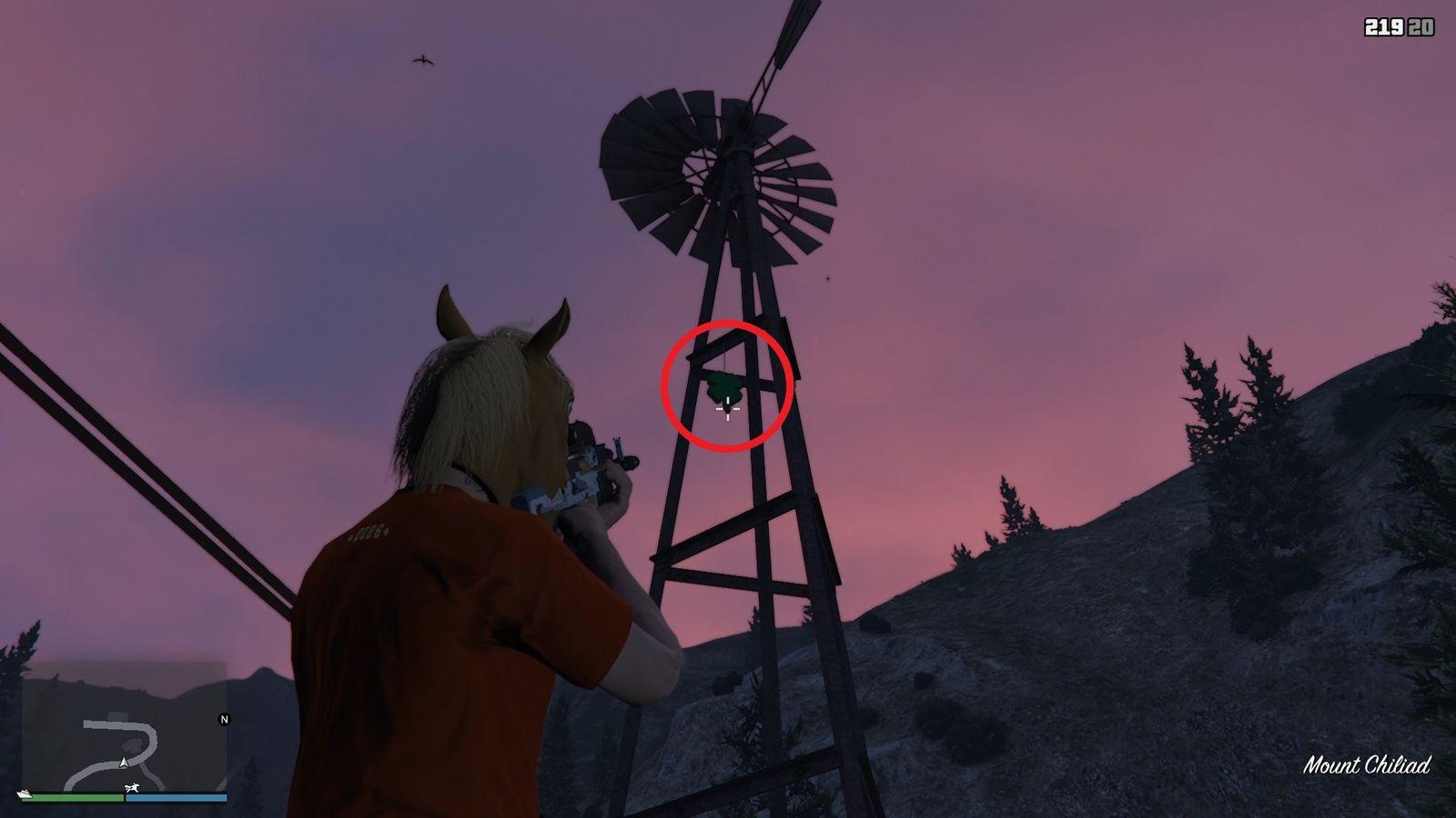 The lucky clover is hanging on a small windmill in a small village at the base of Mount Chiliad.