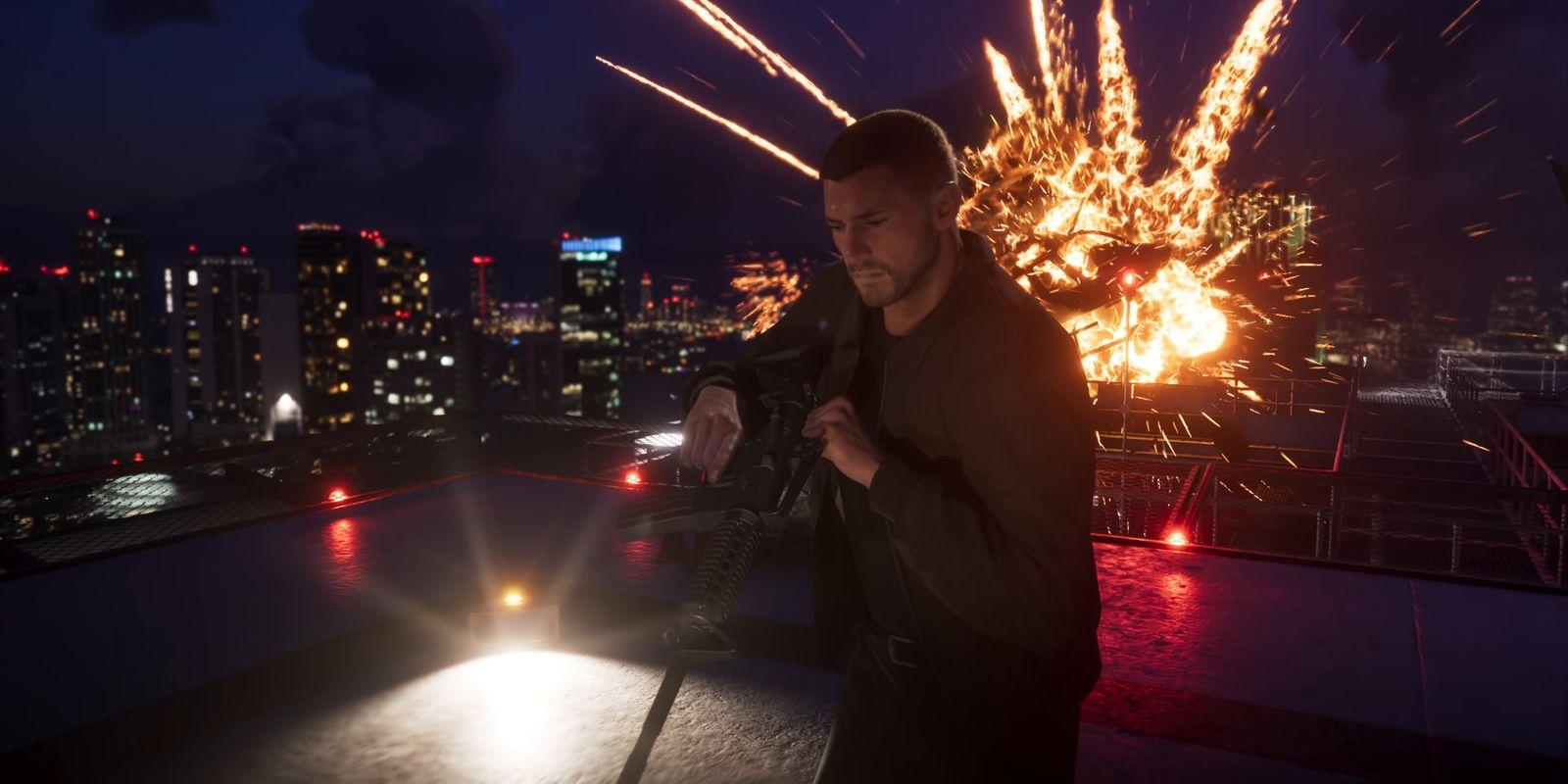 Jason holds a rifle on a rooftop as an explosion erupts behind him.