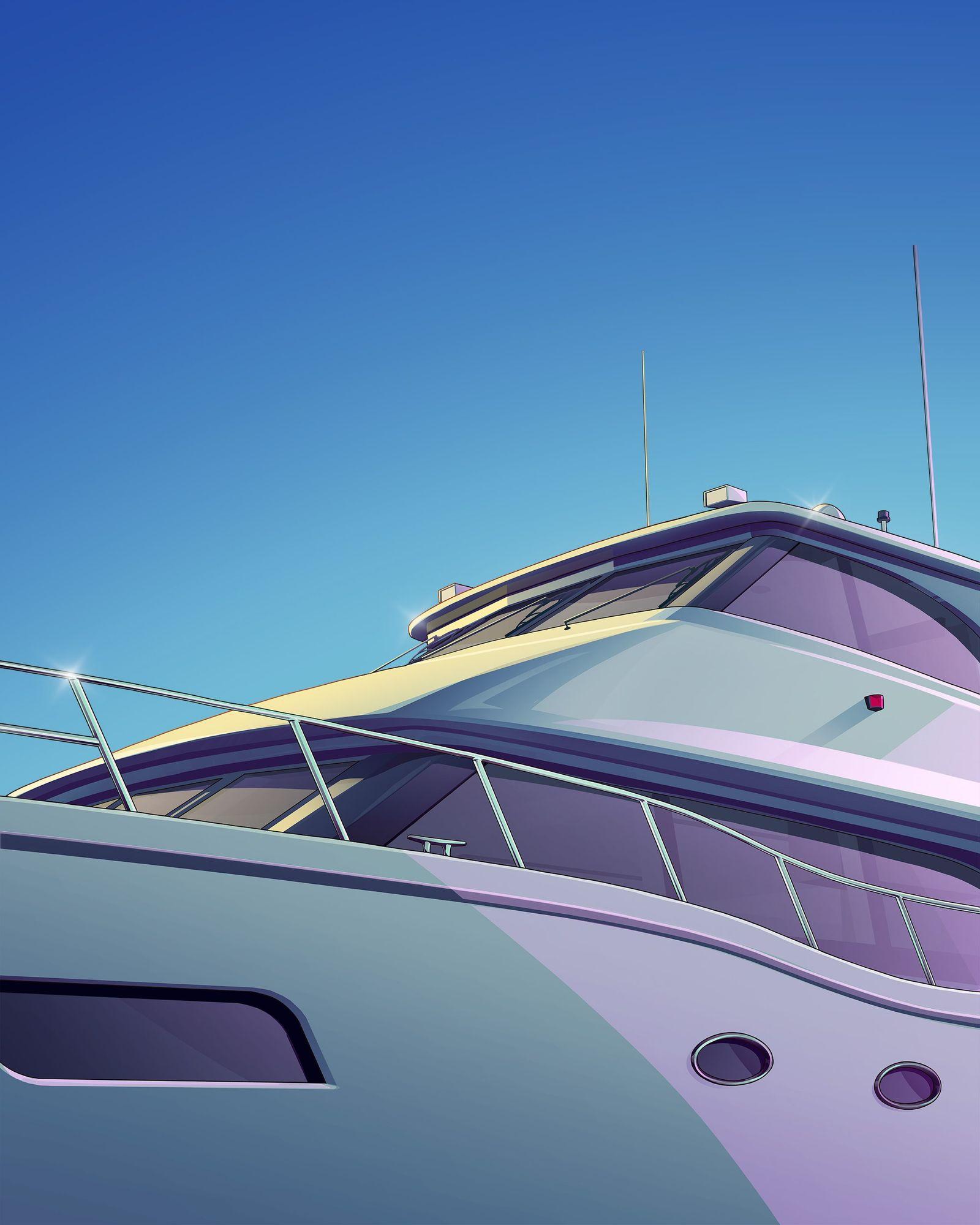 Illustration of a yacht's bow and bridge beneath a blue sky.