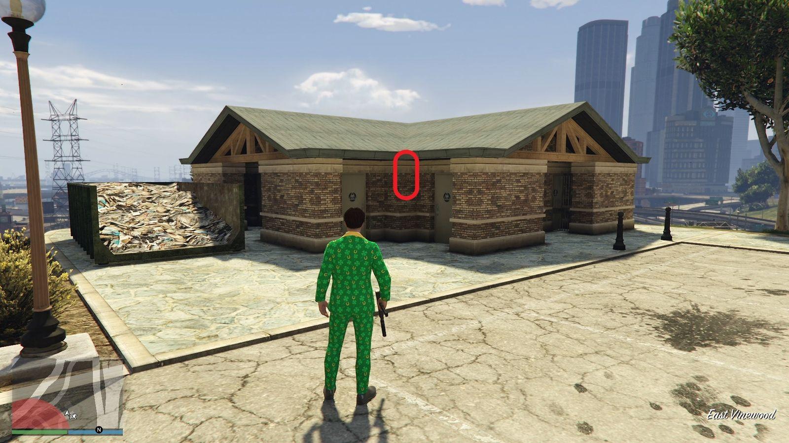 The golden clover will be hanging between the two entrance doors of the public restroom in East Vinewood.