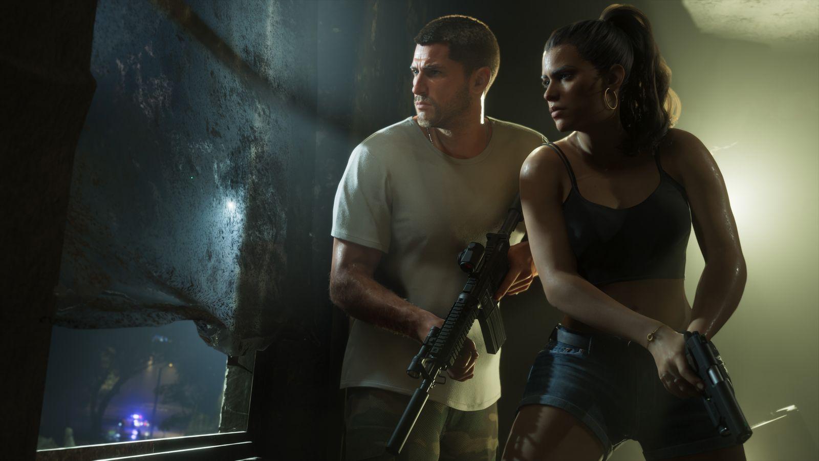 Jason and Lucia take cover together with rifles in hand.