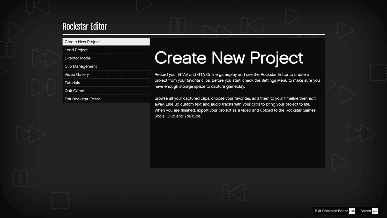 Rockstar Editor project menu showing editing, Director Mode, Clip Management and Video Gallery options