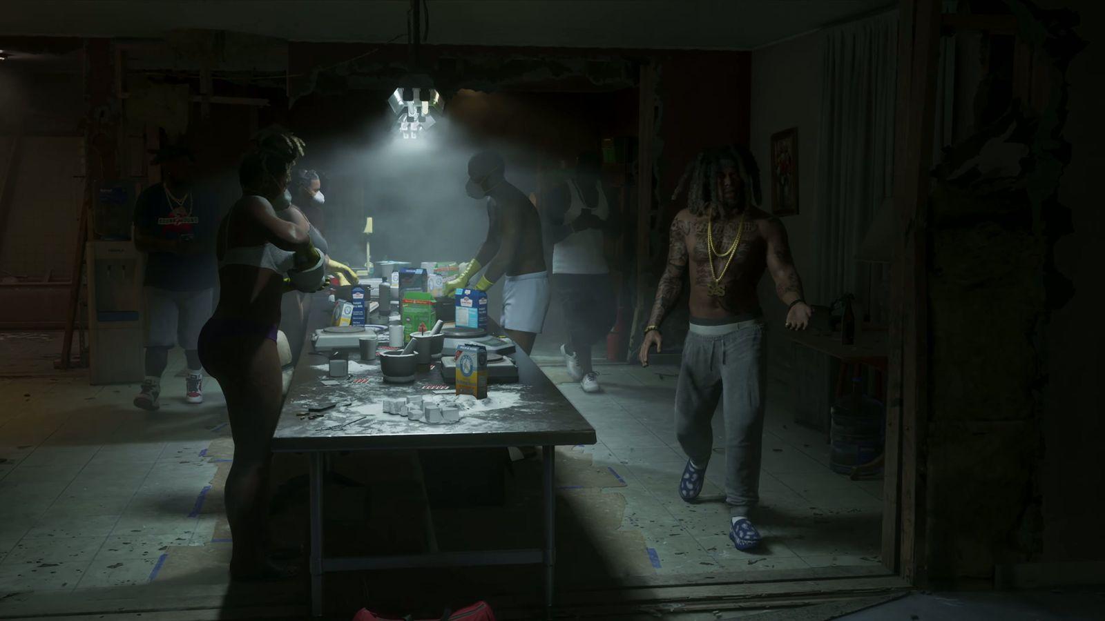 People crowd around a table inside a smoky apartment.