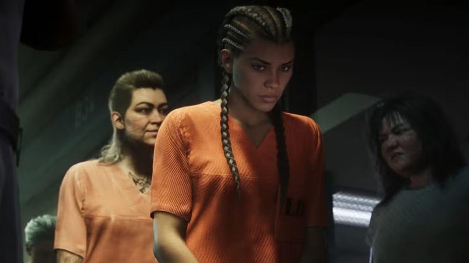 A photo of Lucia wearing a prison jumpsuit from Trailer 1.