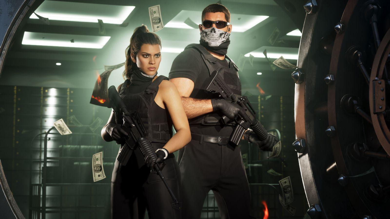 Lucia and Jason carry rifles inside an open vault.