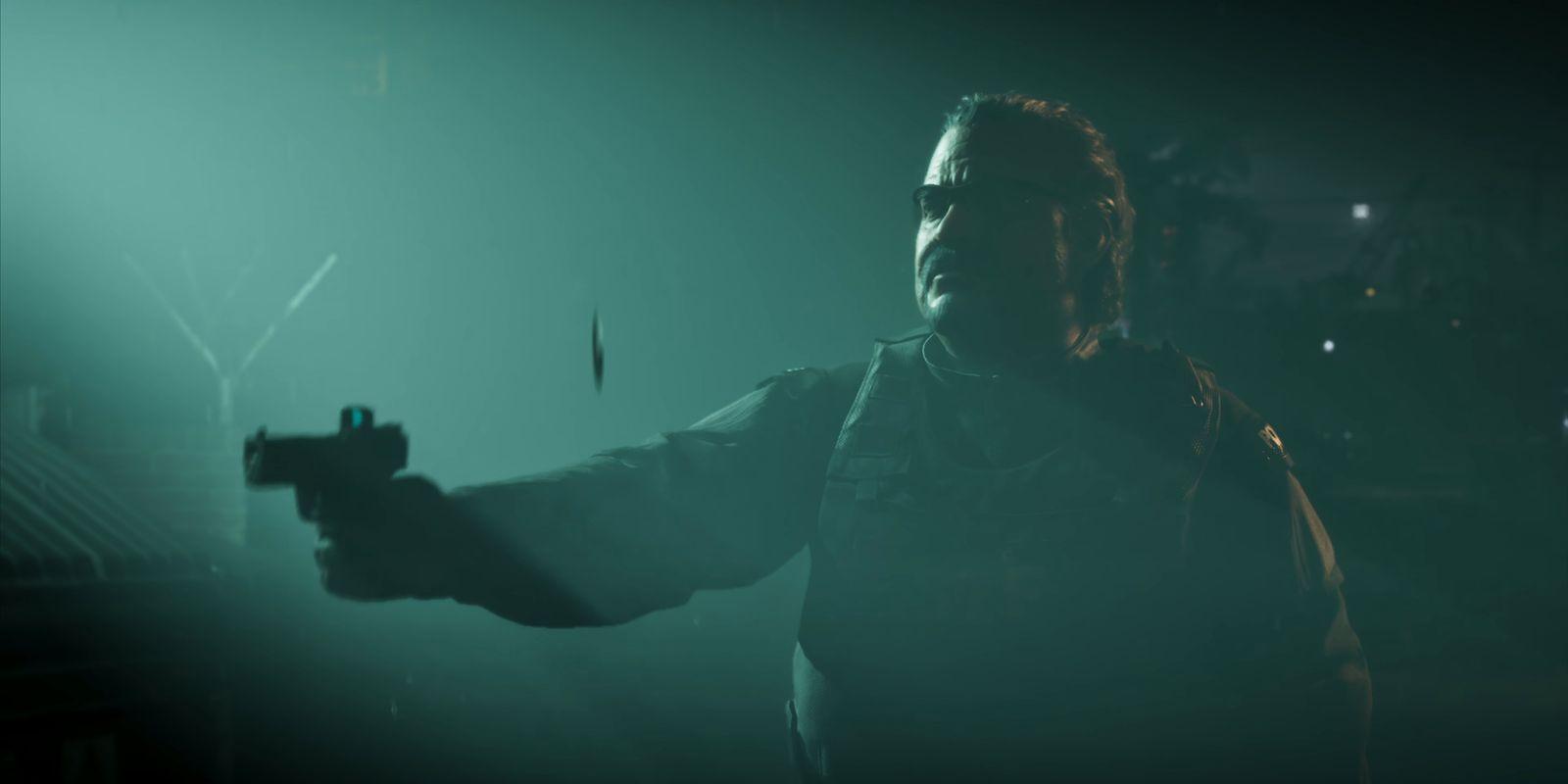 A man in body armour aims a handgun through green-tinged smoke.