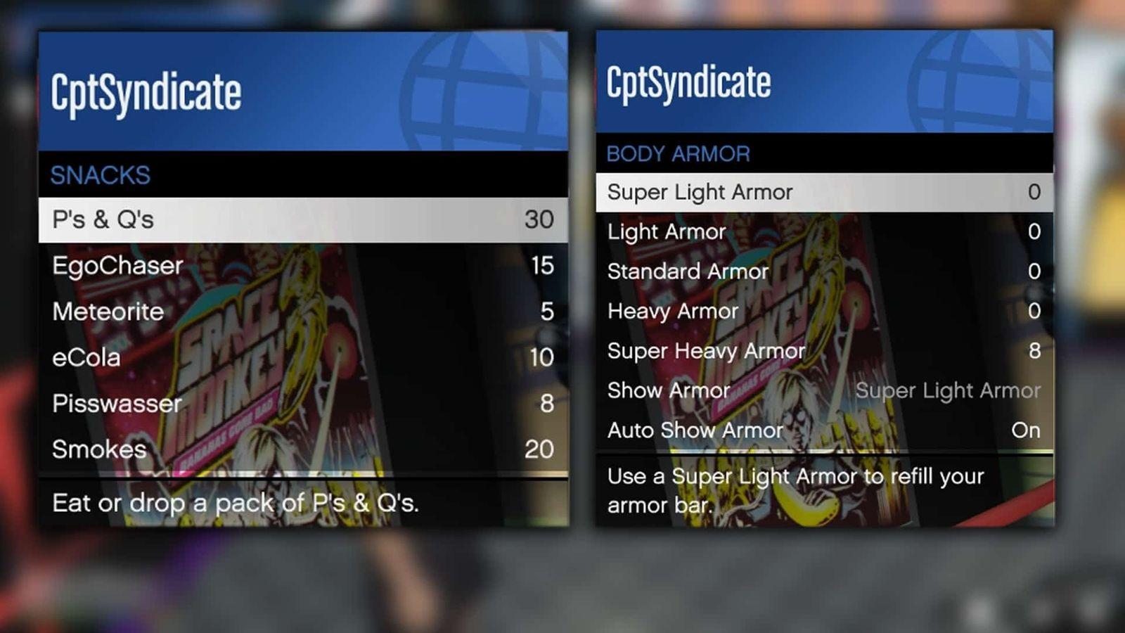 Snacks and Armor Interaction Menu