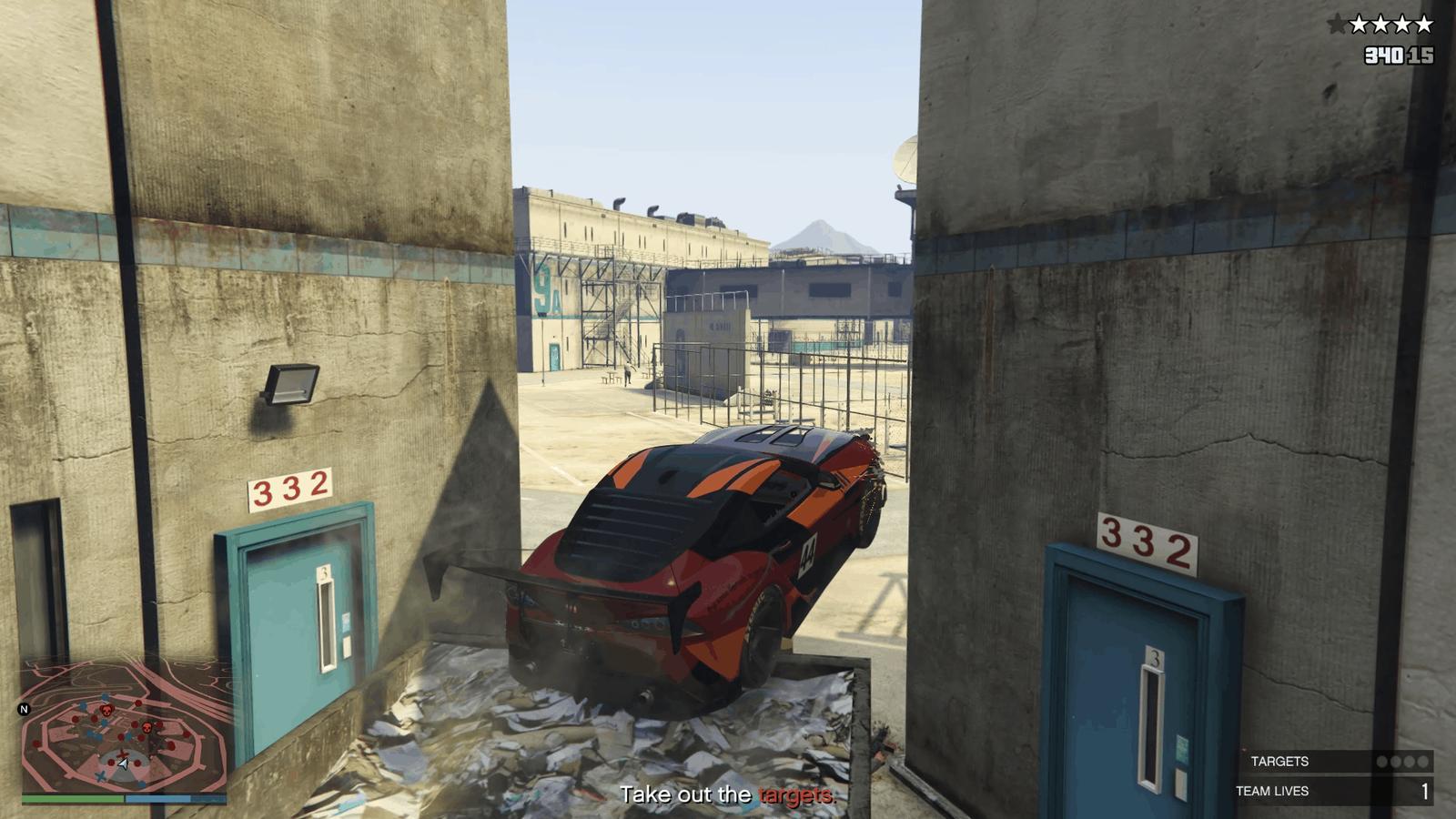 Driving off of the garbage bin to get into the yard