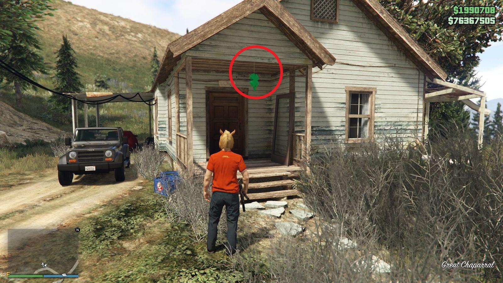 The lucky clover is hanging on the porch of a house in Great Chaparral.
