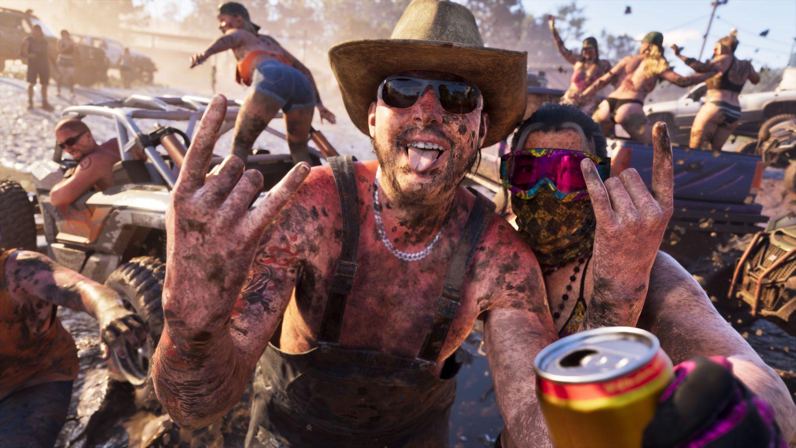 Bikers celebrate at a muddy outdoor gathering in Ambrosia.