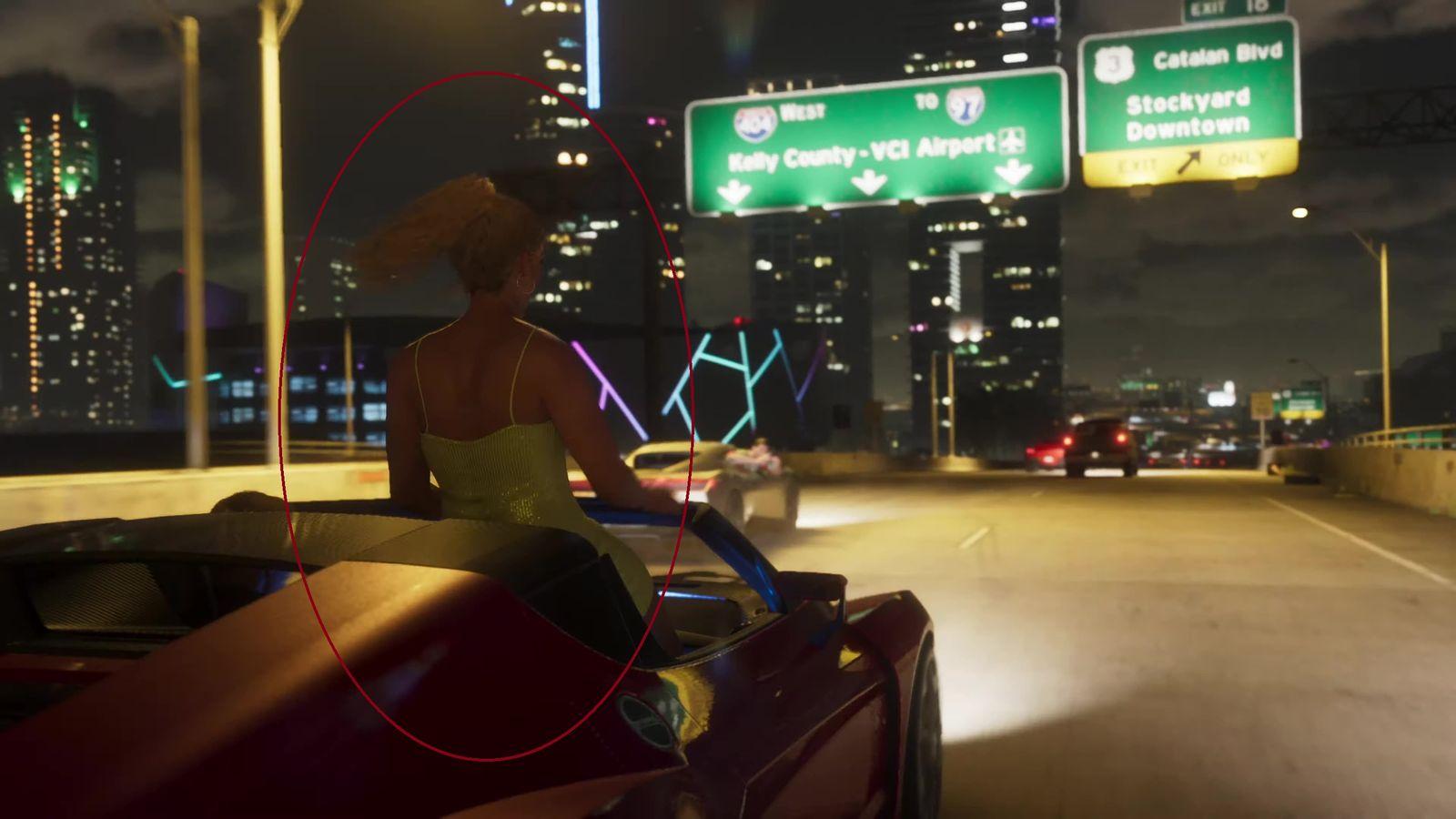 The Pegassi Zorruso as seen racing down an unnamed highway in Vice City, with a passenger standing up through the open roof.