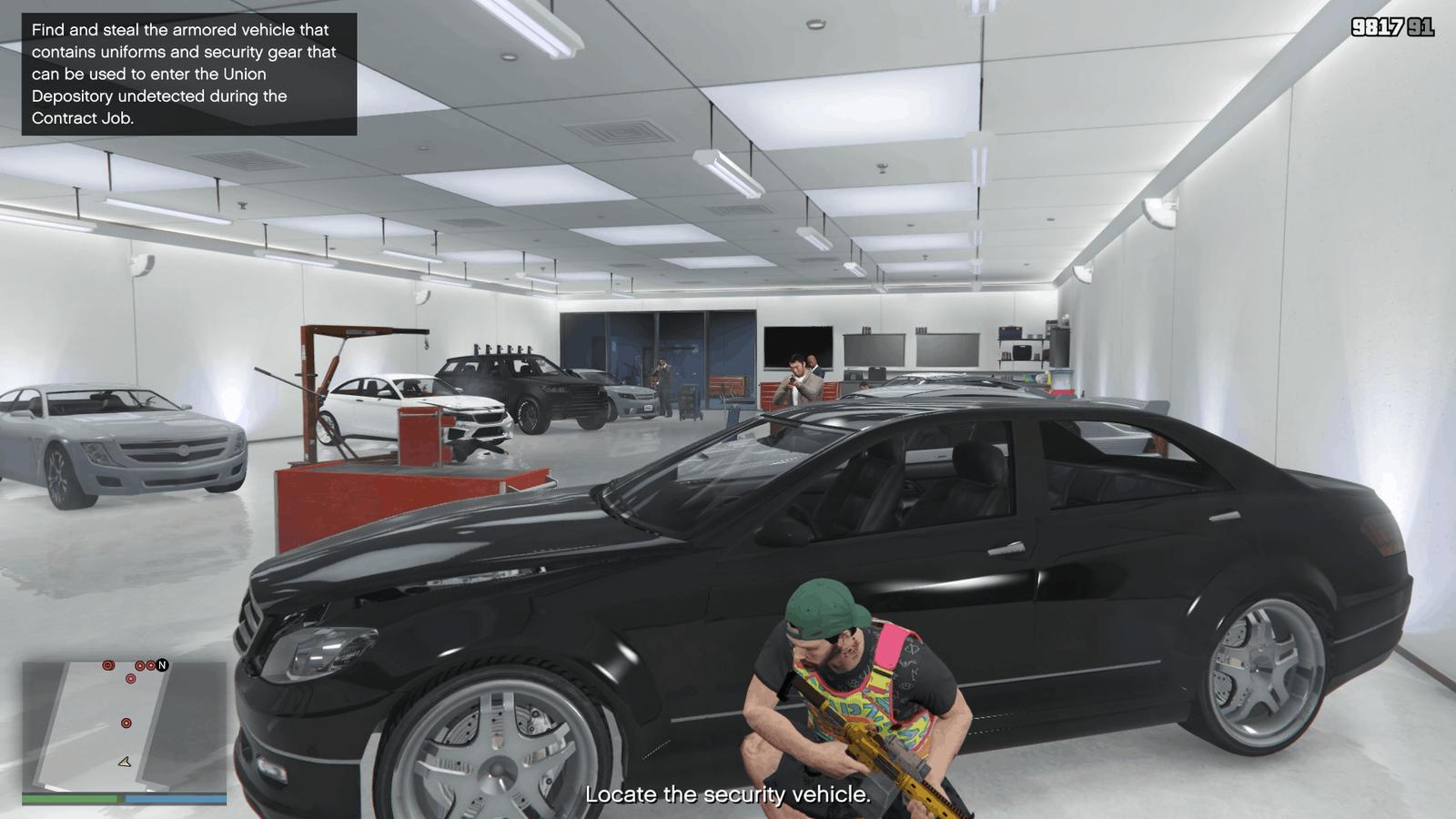Taking cover behind the car in the garage