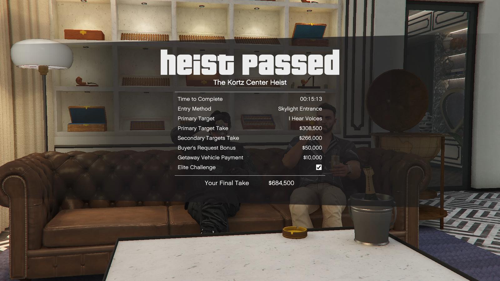 Kortz Center Heist result screen showing a GTA$10,000 Getaway Vehicle Payment on a Normal Manchez run.