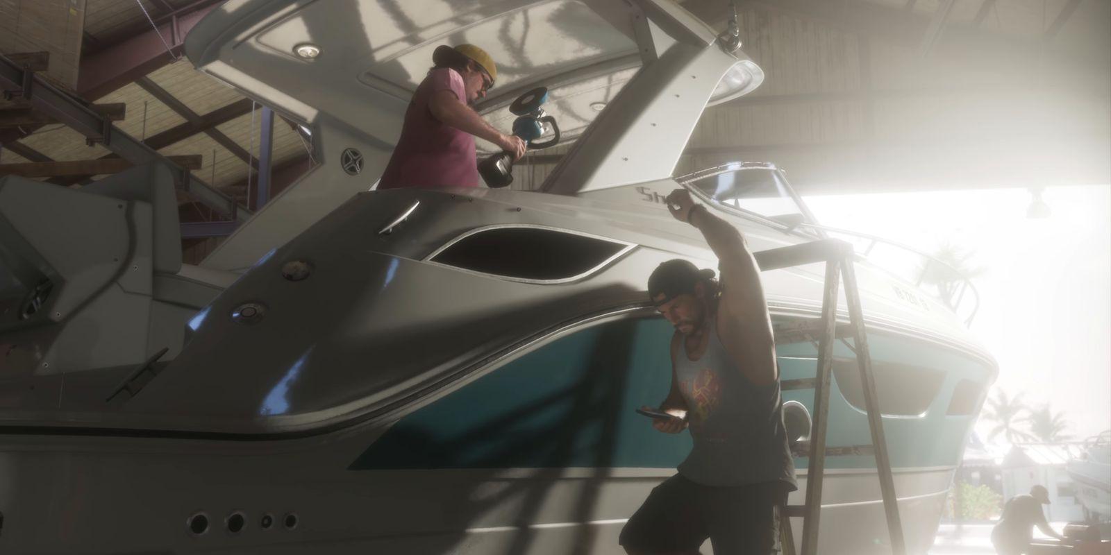 Jason checks his phone beside a boat while another man works above him.