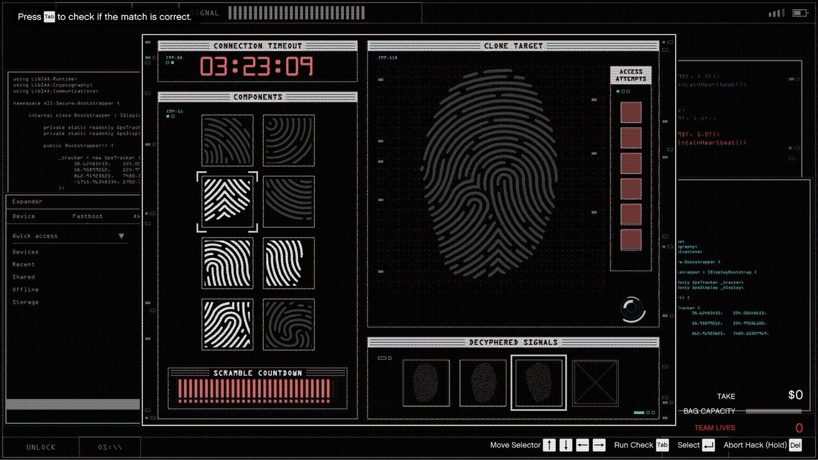 Match each fingerprint fragment; Hard Mode requires three successful rounds.
