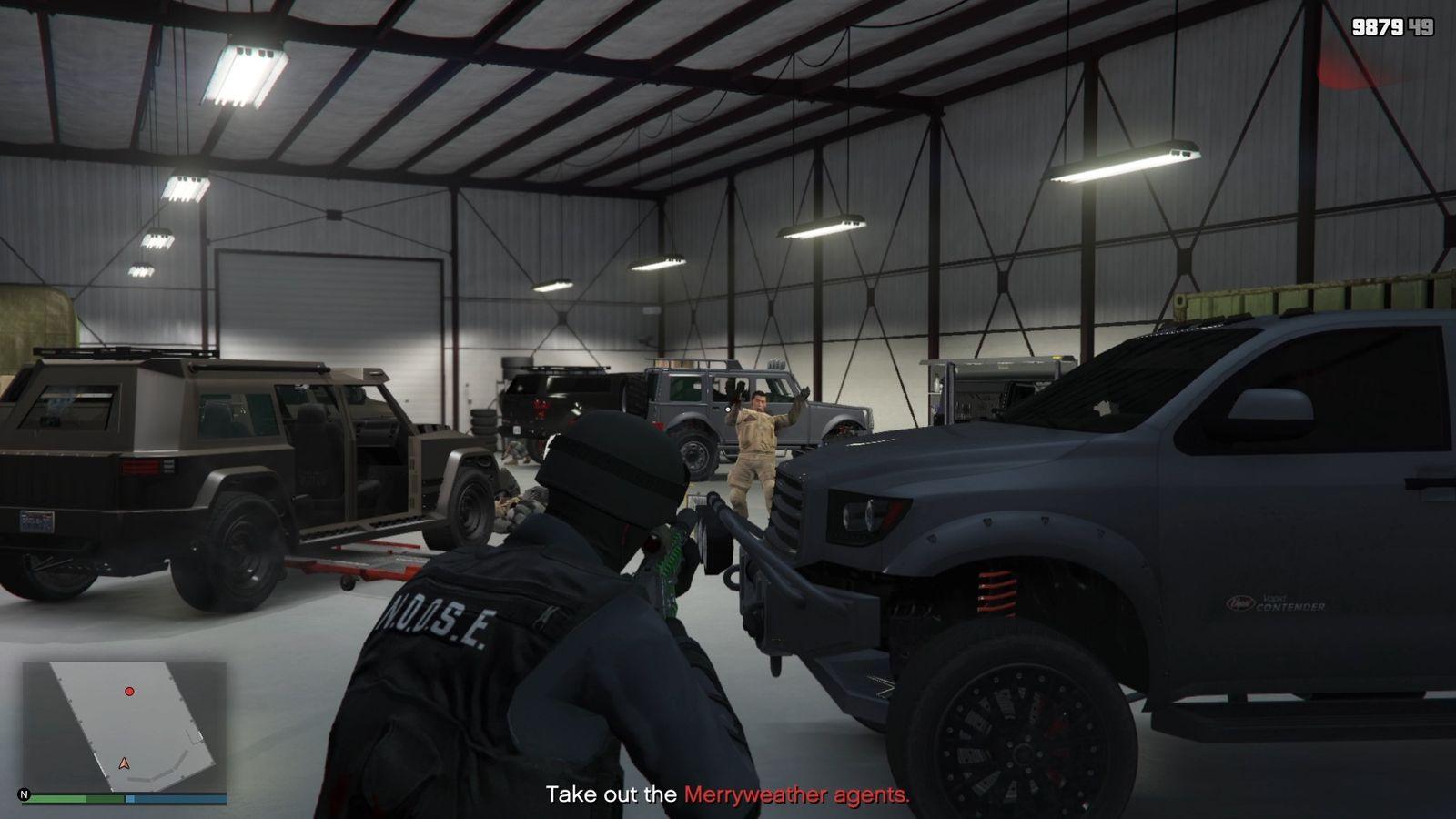 Taking out the Merryweather agents inside the Merryweather lockup.