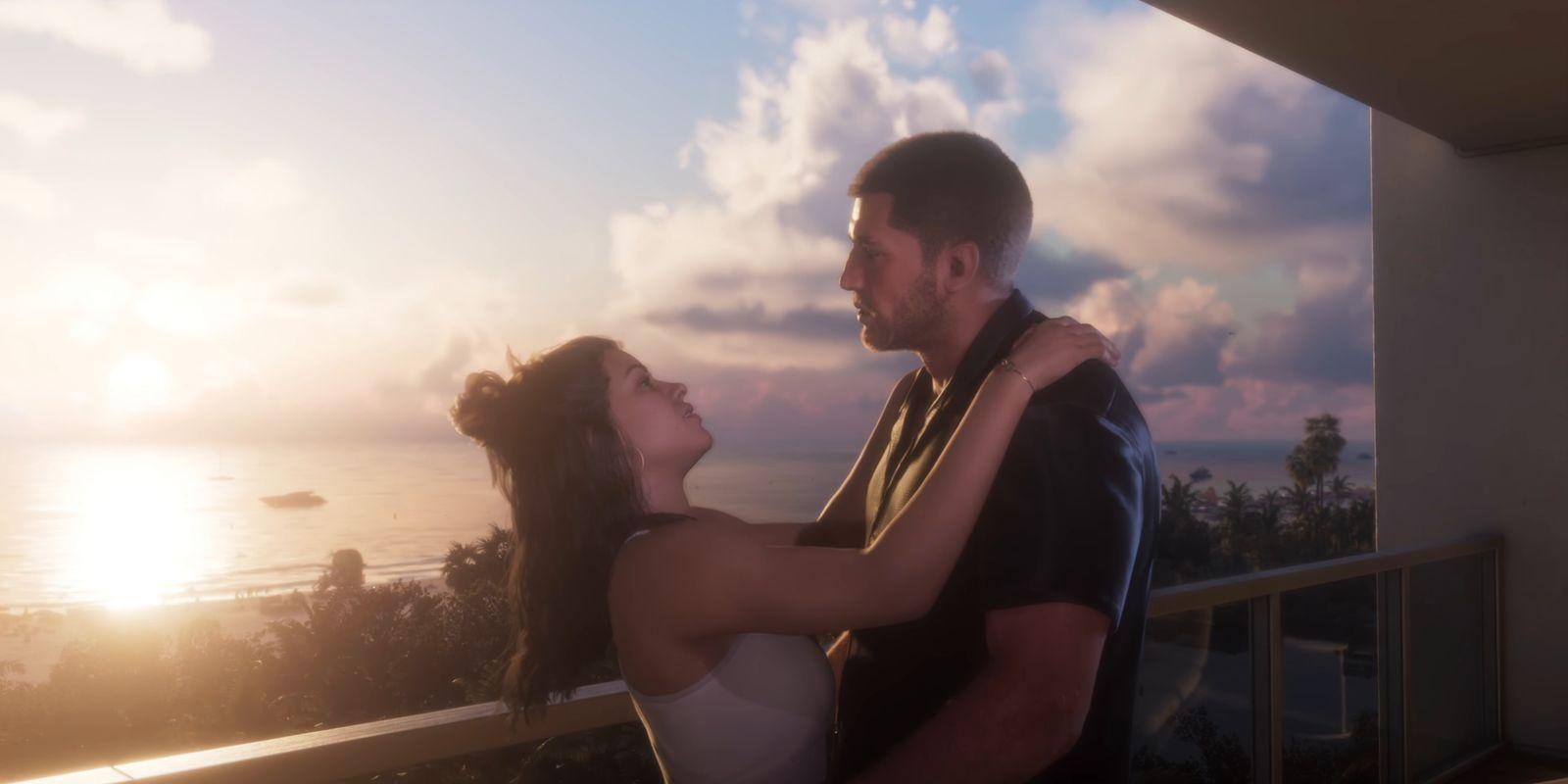 Jason and Lucia embrace on a balcony overlooking the sea.