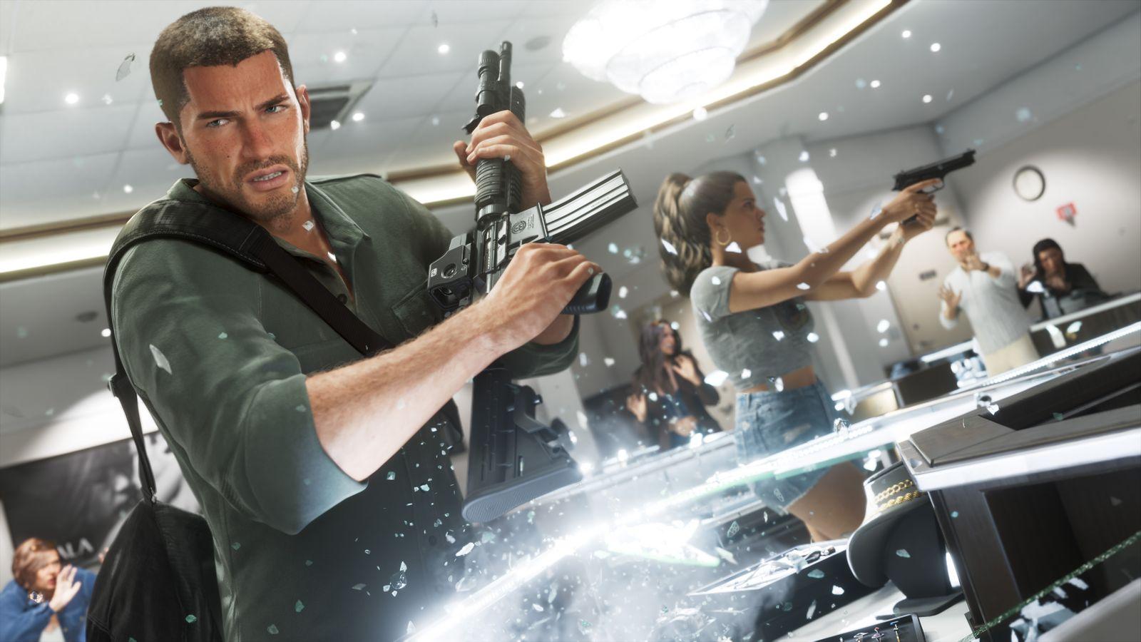 Jason and Lucia rob a jewellery store as glass shatters around them.