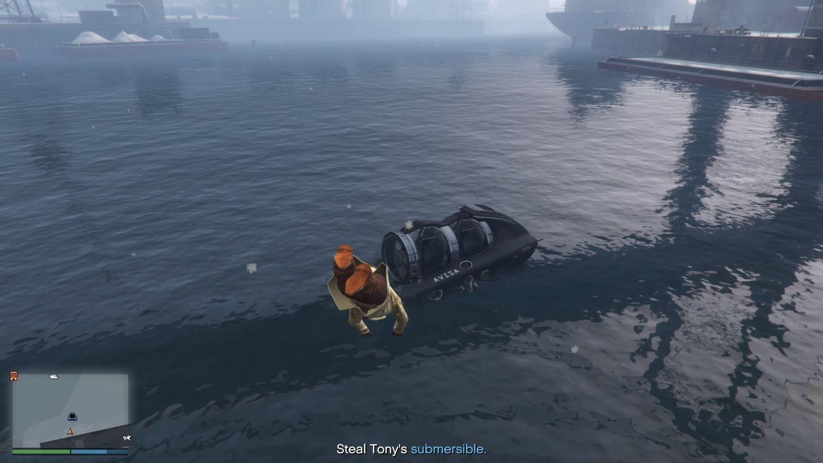 It is best to take the ladder back down the crane, jump into the water, and swim to the submersible.