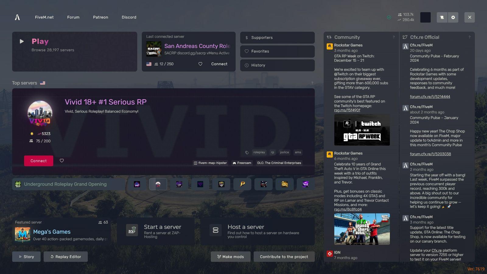 FiveM application home page.