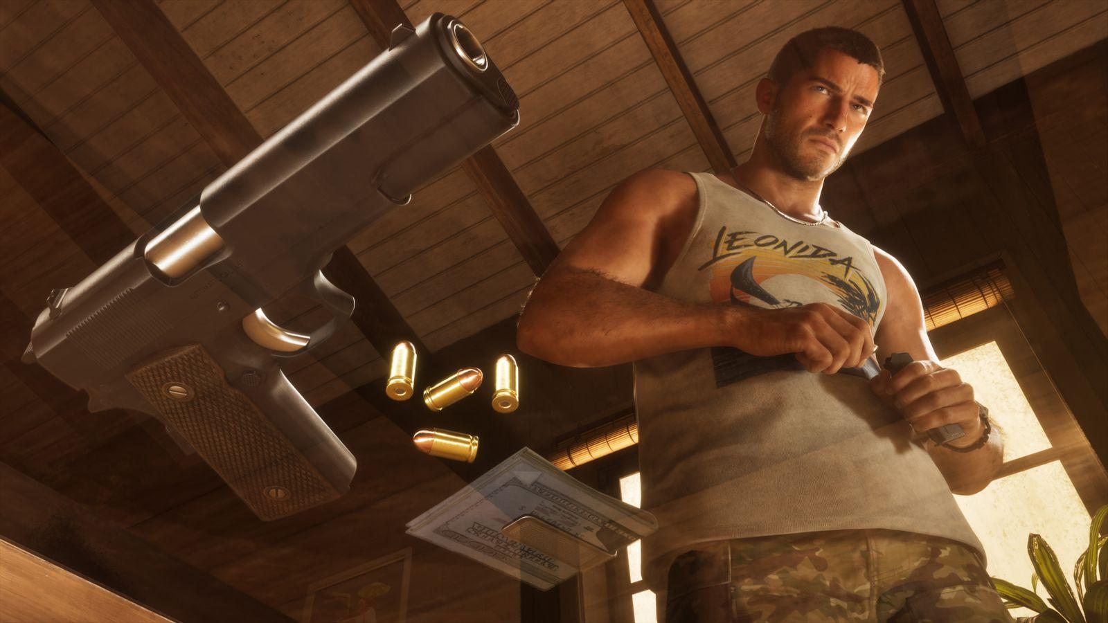 Jason reloads a handgun inside a wooden building.