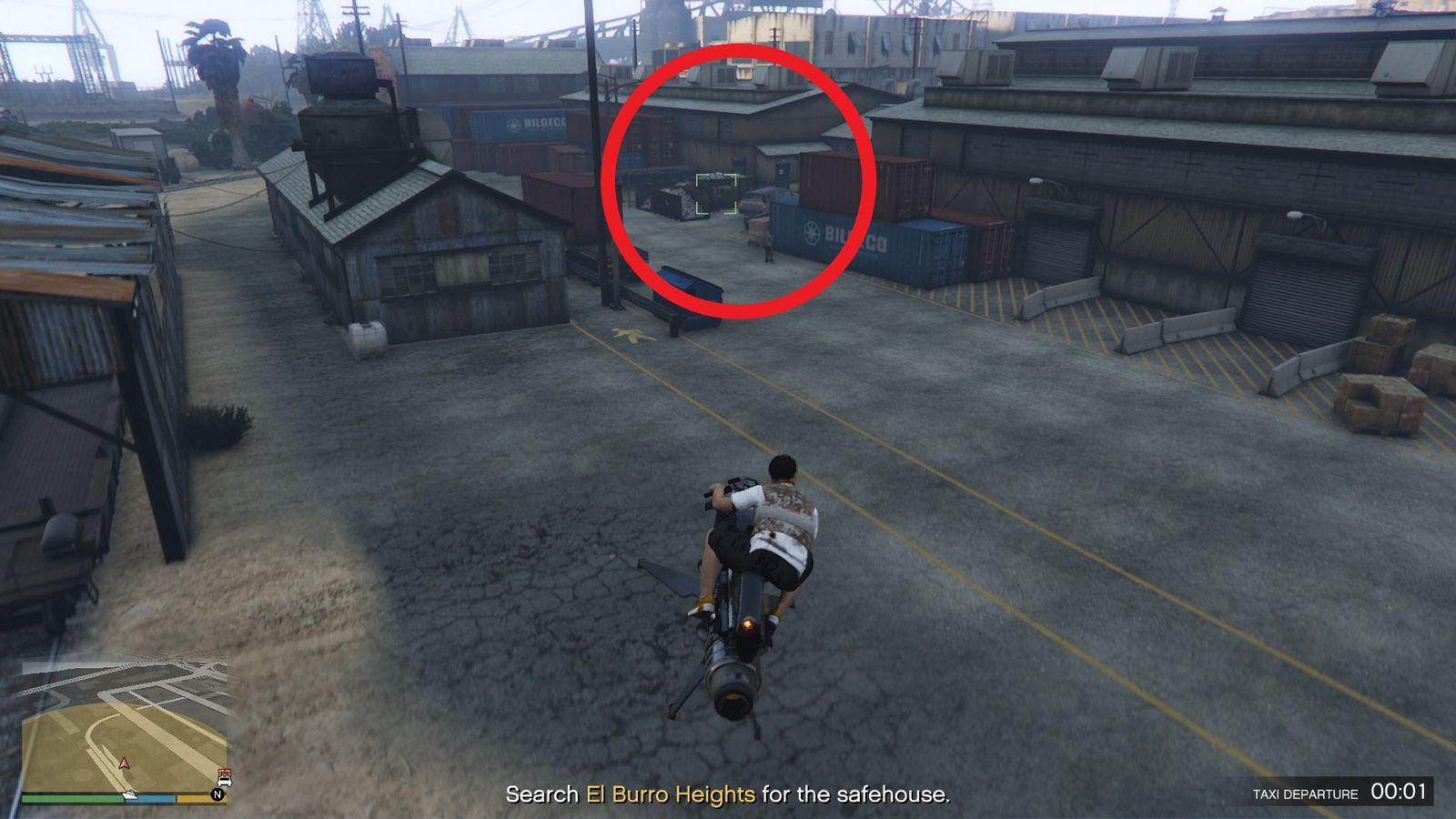 Oppressor Mark II locking on to the enemies guarding the safehouse.