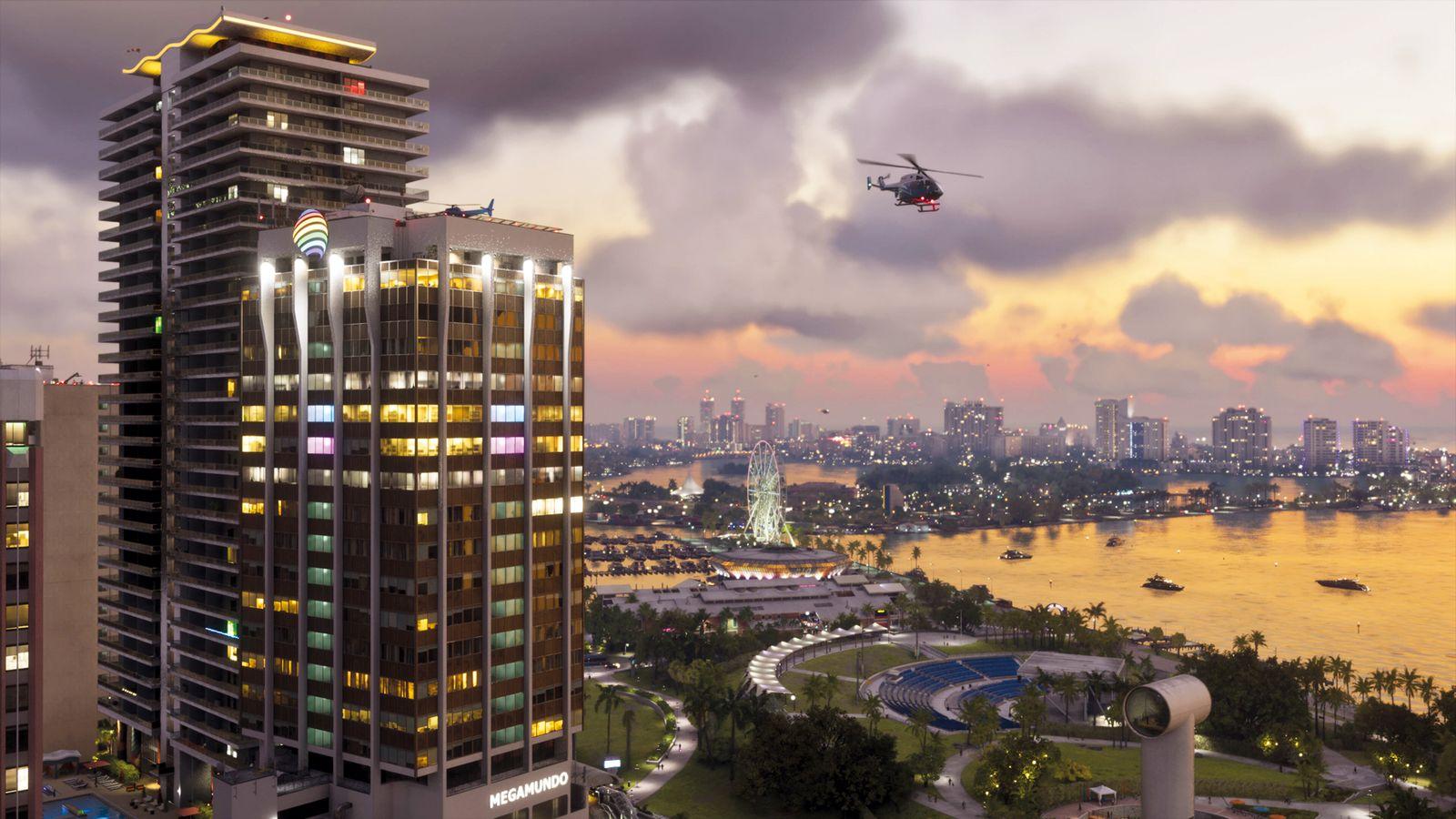 A helicopter flies beside a high-rise, with the waterfront and city beyond.