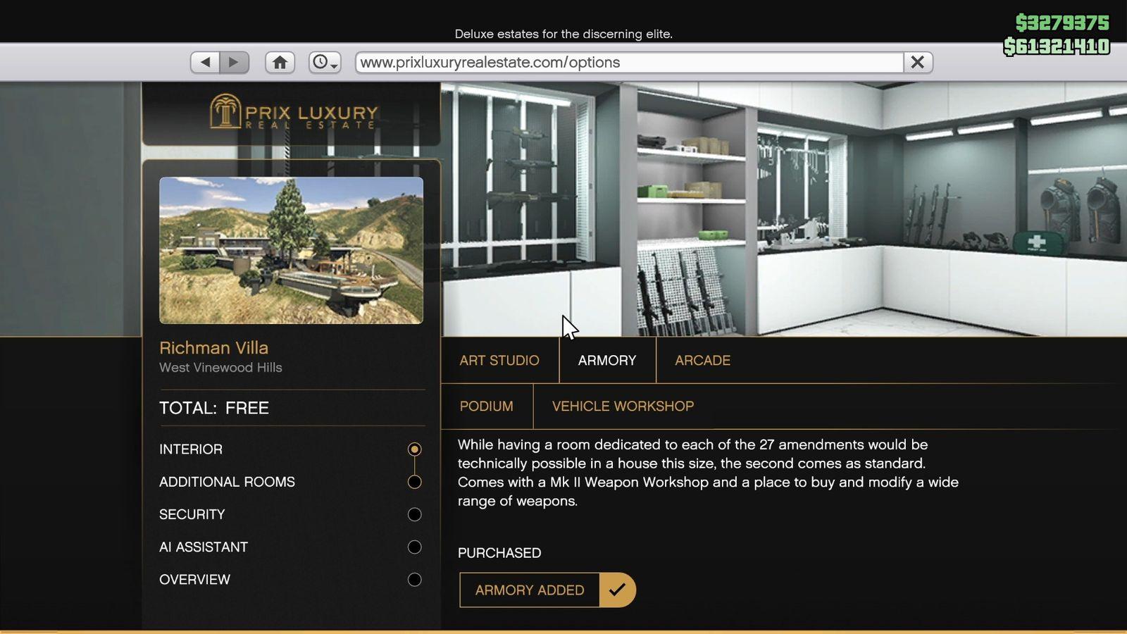 The Mansion Armory costs GTA$720,000.
