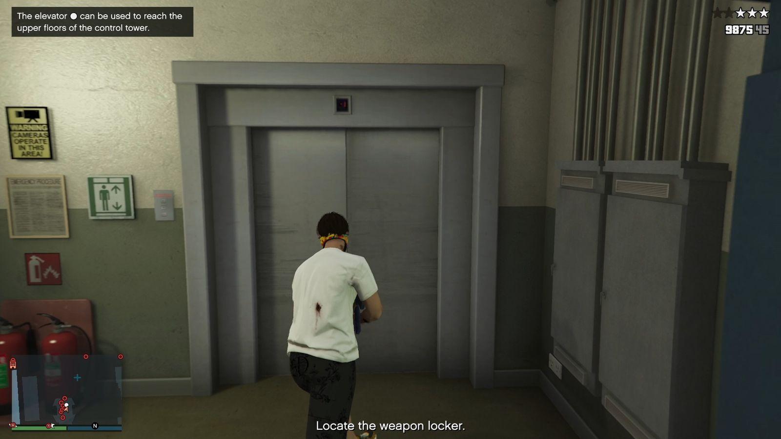 Elevator at the end of the hallway. The elevator doors will open when you get closer.