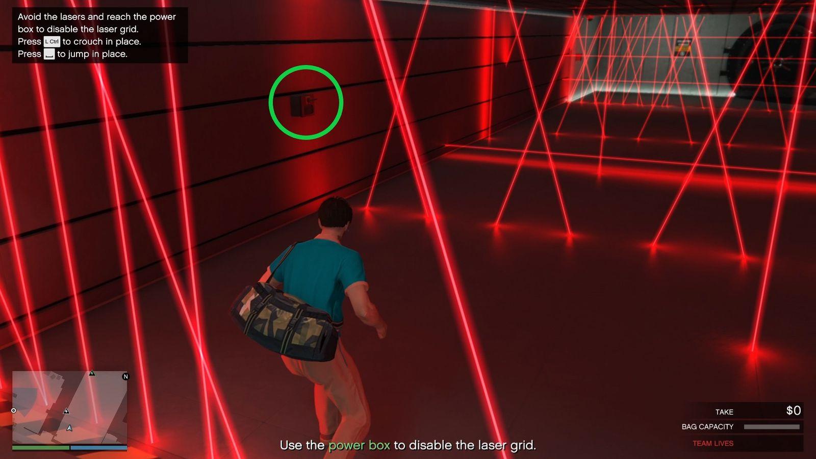 Going to the first switch since there is an opening and no laser is passing by.