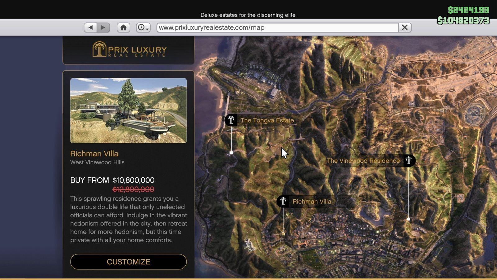 Purchasing a mansion via the Prix Luxury Real Estate in-game website.