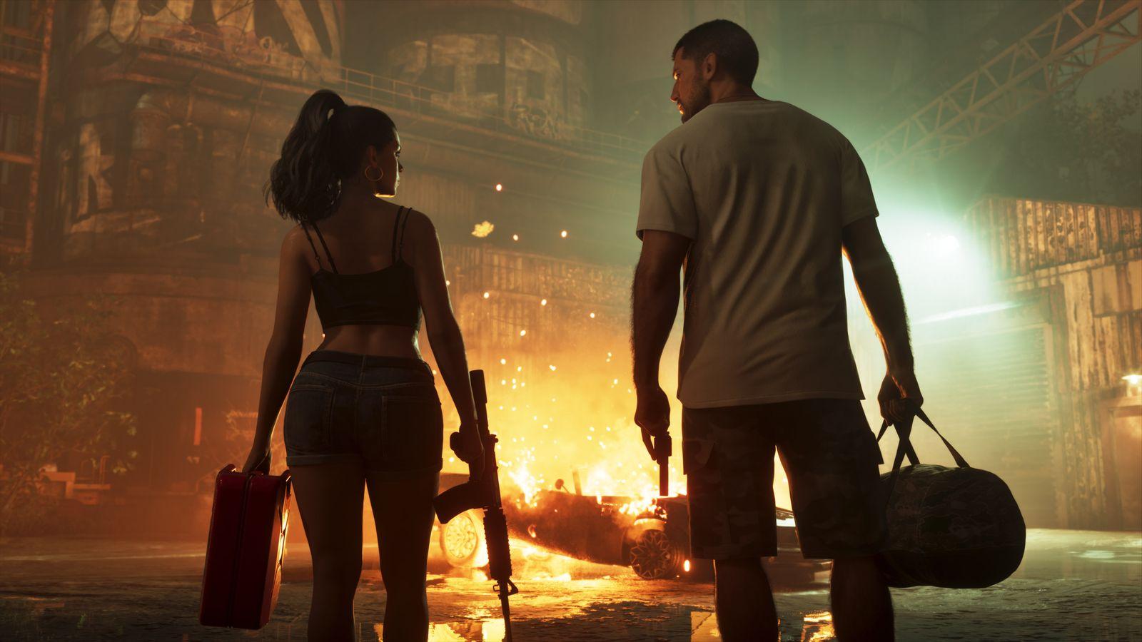 Lucia and Jason walk away from a burning vehicle carrying bags and weapons.