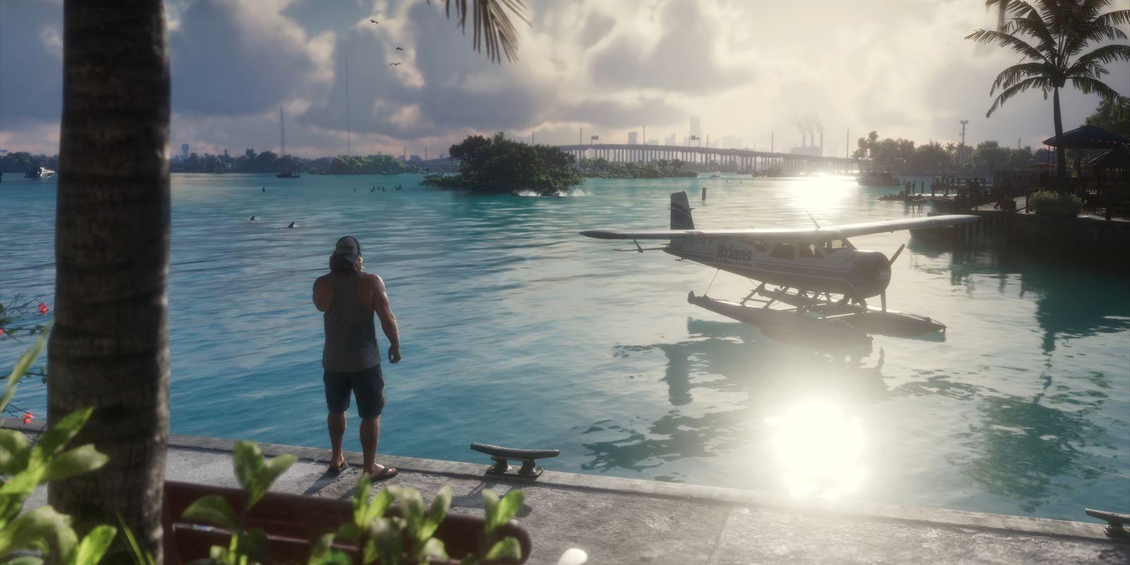 Jason stands by the water as a floatplane passes nearby.