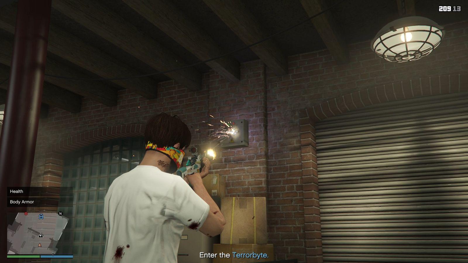Destroying the power box to open the shutter door to the Terrorbyte.