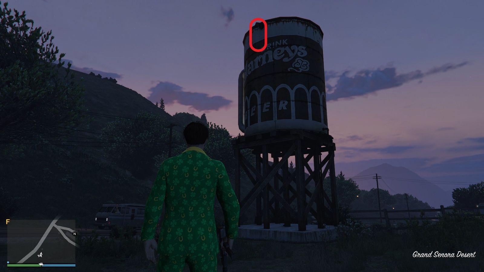 The golden clover will be hanging off the spout at the top of the Blarneys Beer water tower in the Grand Senora Desert.