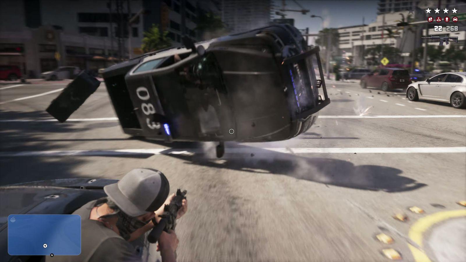 A police cruiser rolls through the air during the chase.