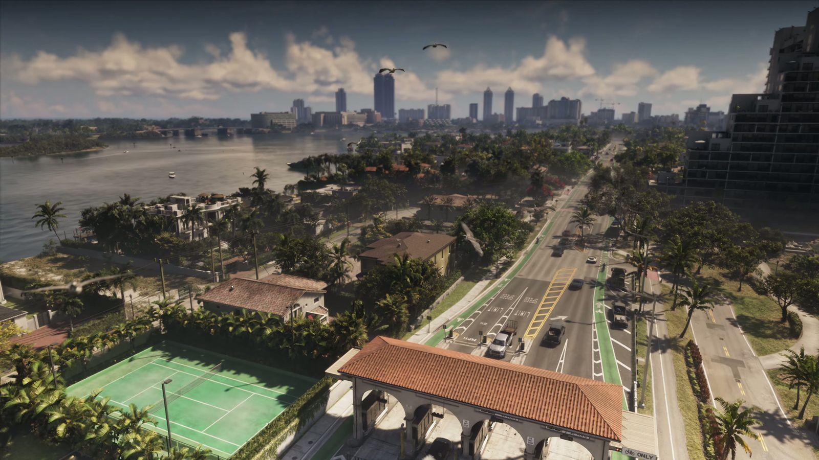 A wide view shows waterways, homes and high-rises across Vice City.