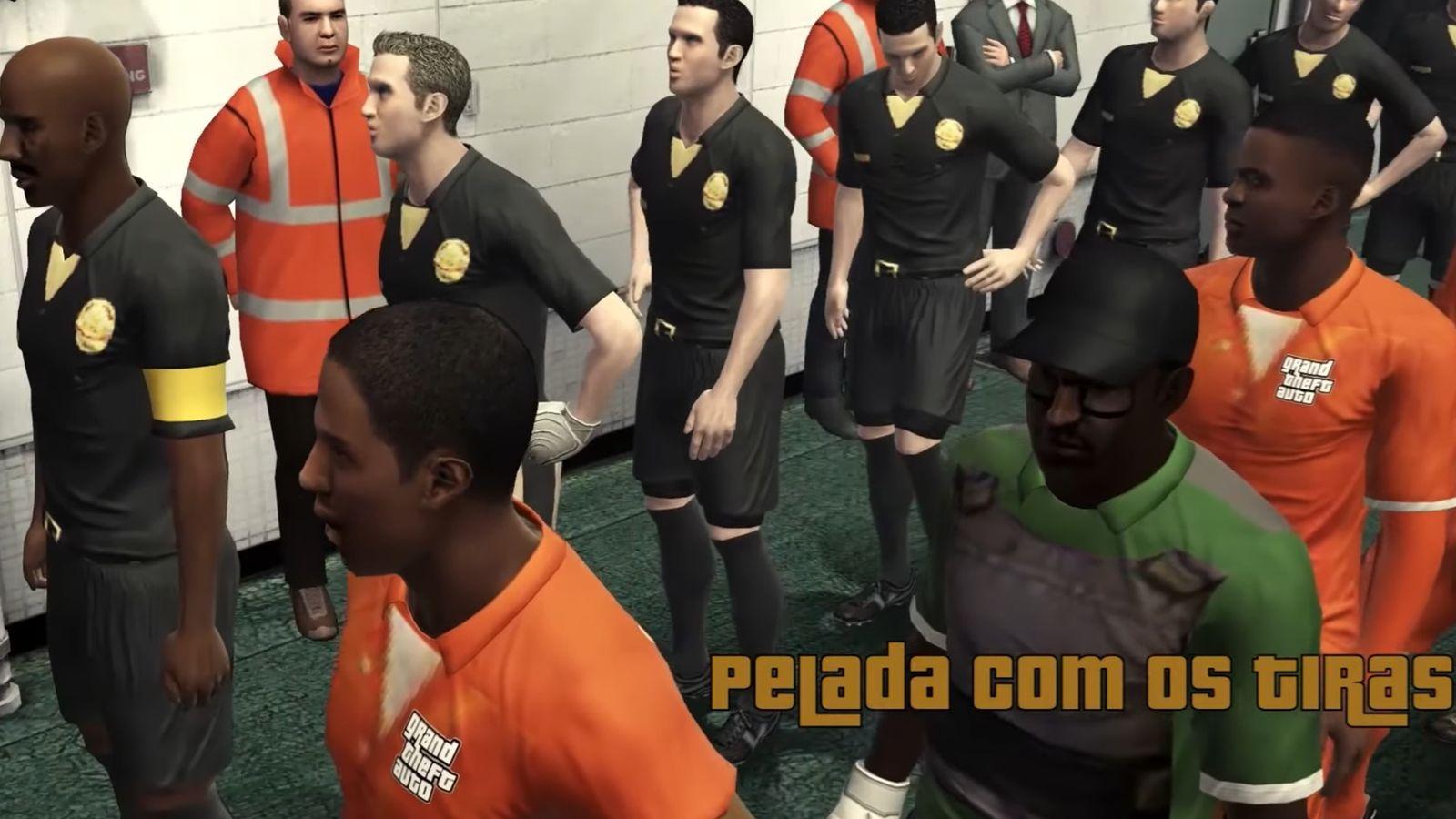 CJ playing soccer in PES 2013 with Portuguese controls and a stamina bar probably isn't going to trigger any cease-and-desist letters.