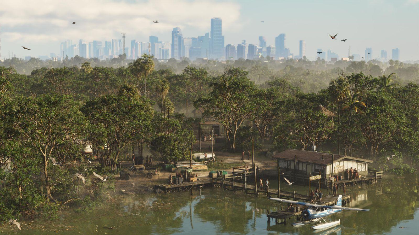 A waterside settlement in Grassrivers, with Vice City's skyline in the distance.
