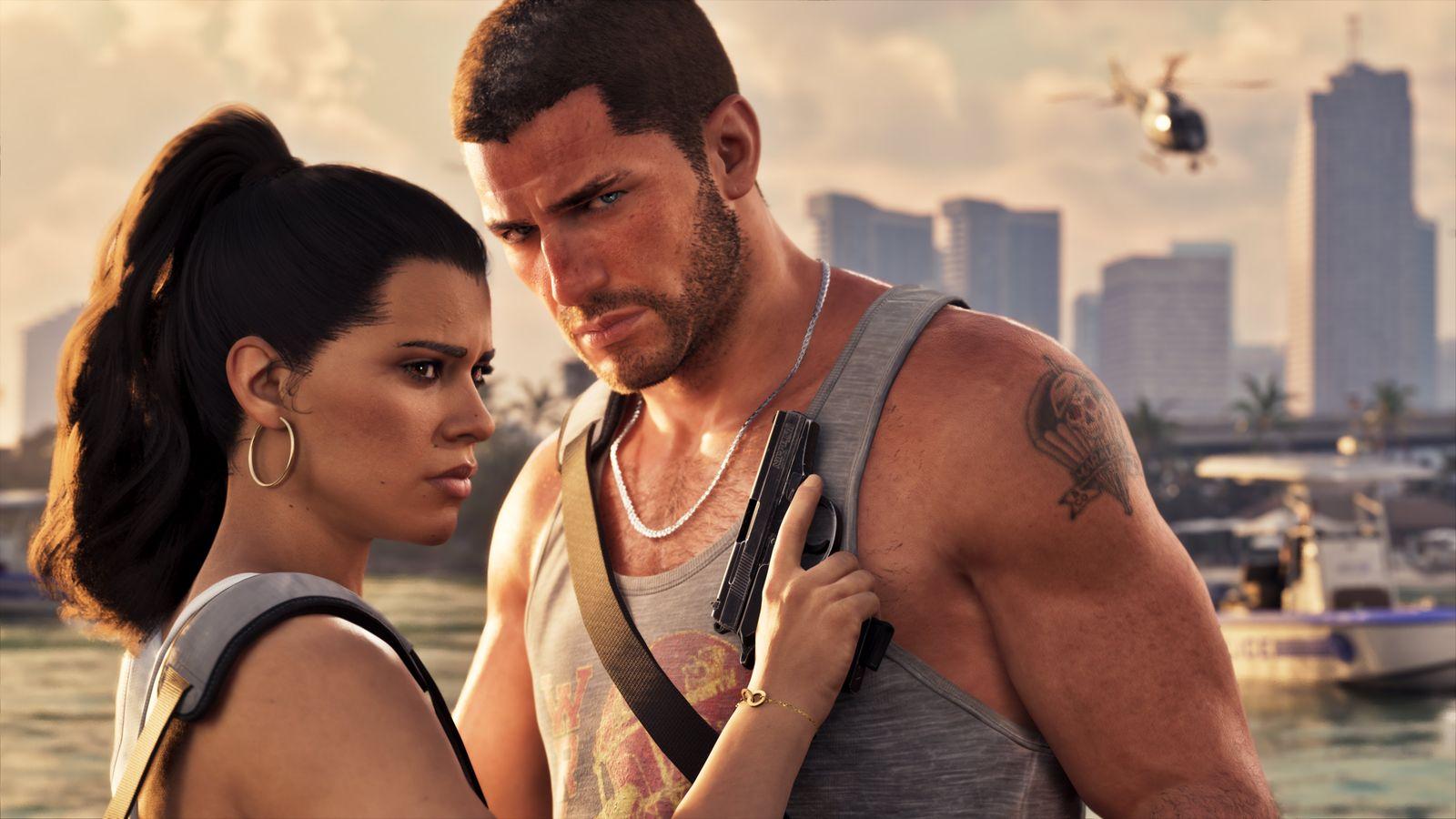 Lucia and Jason stand together on the Vice City waterfront.