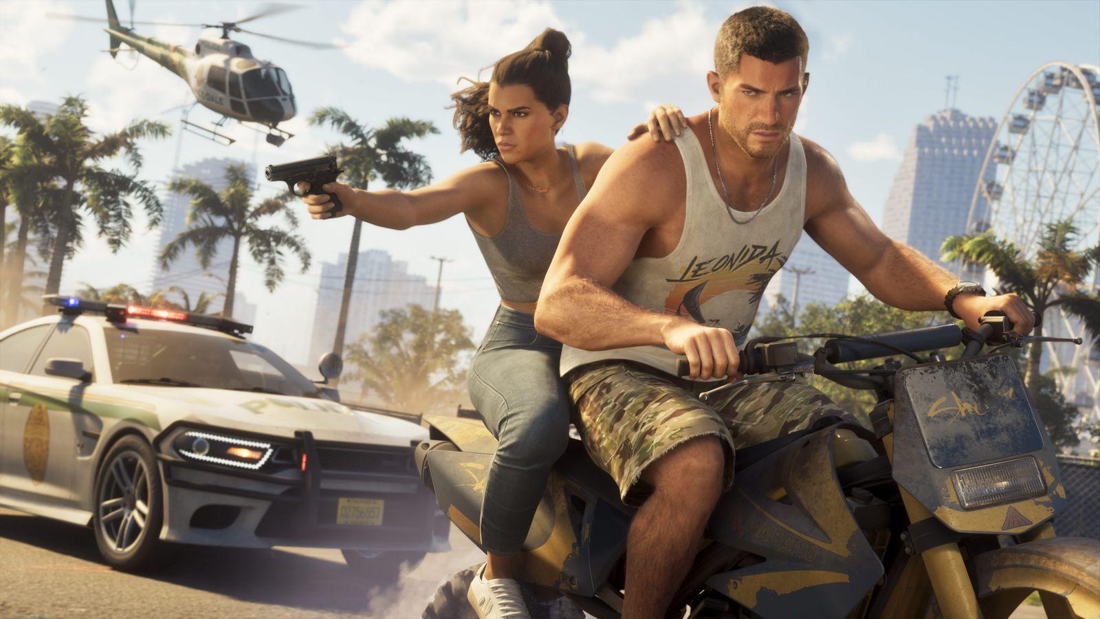 Jason drives an ATV while Lucia fires at pursuing police.