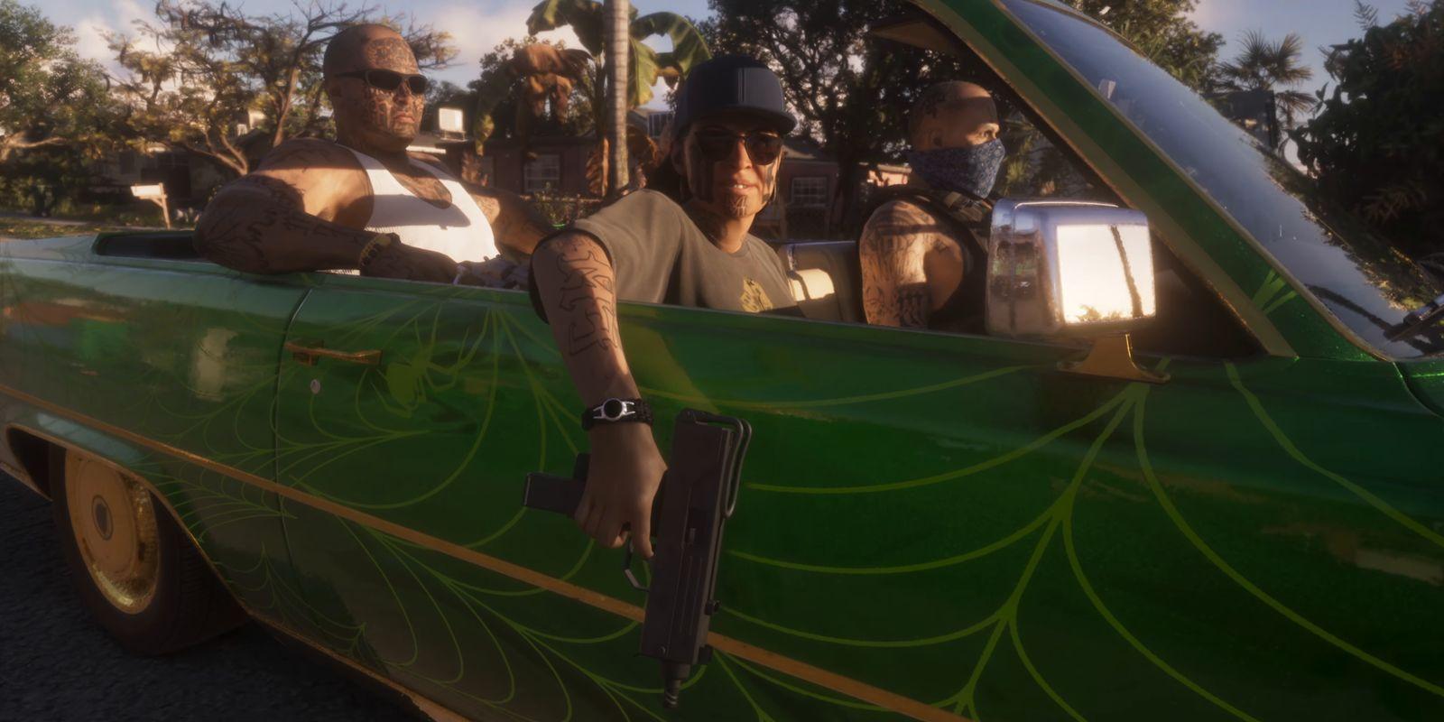 Three tattooed men ride in a green convertible, with a gun hanging over the passenger door.