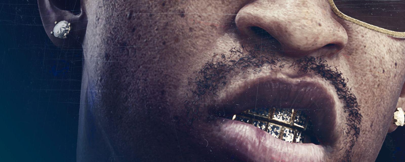 A close-up portrait with gold teeth and sunglasses for Dirty South Classics.