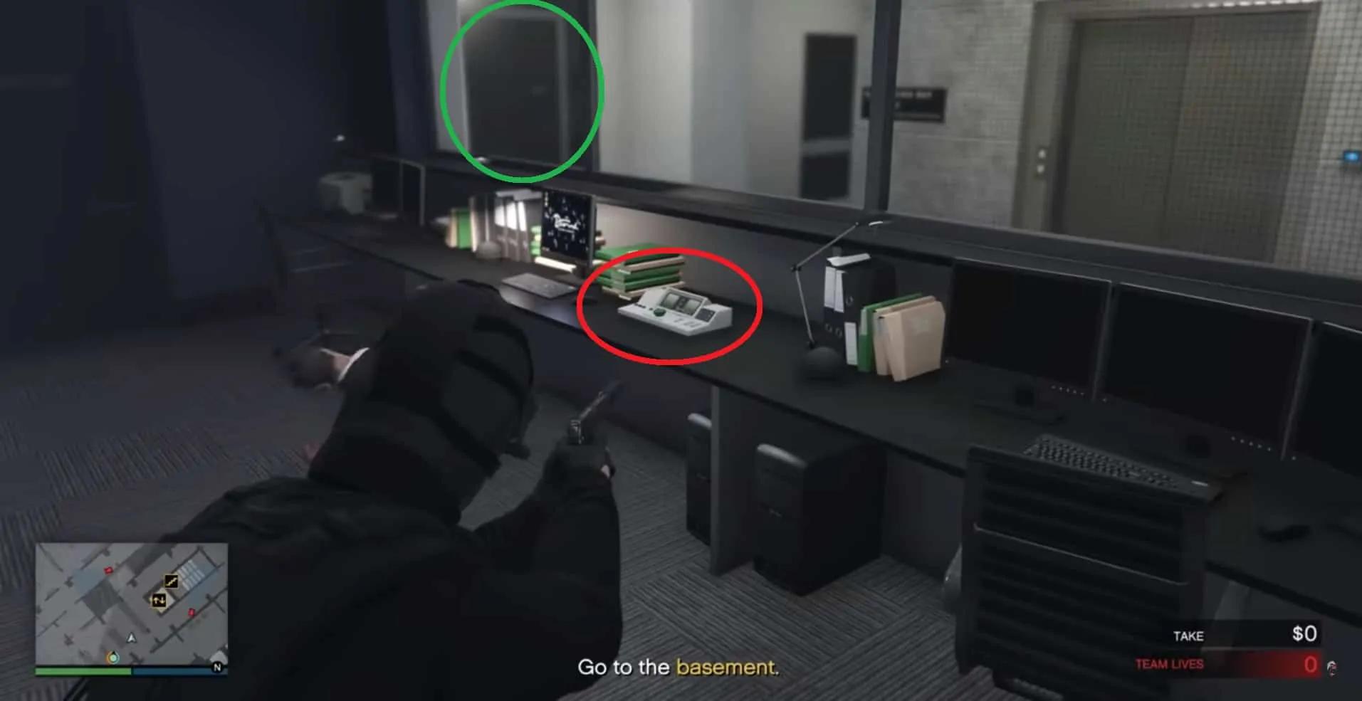 The switch (circled in red) which opens the Secret Vault Door (circled in green)