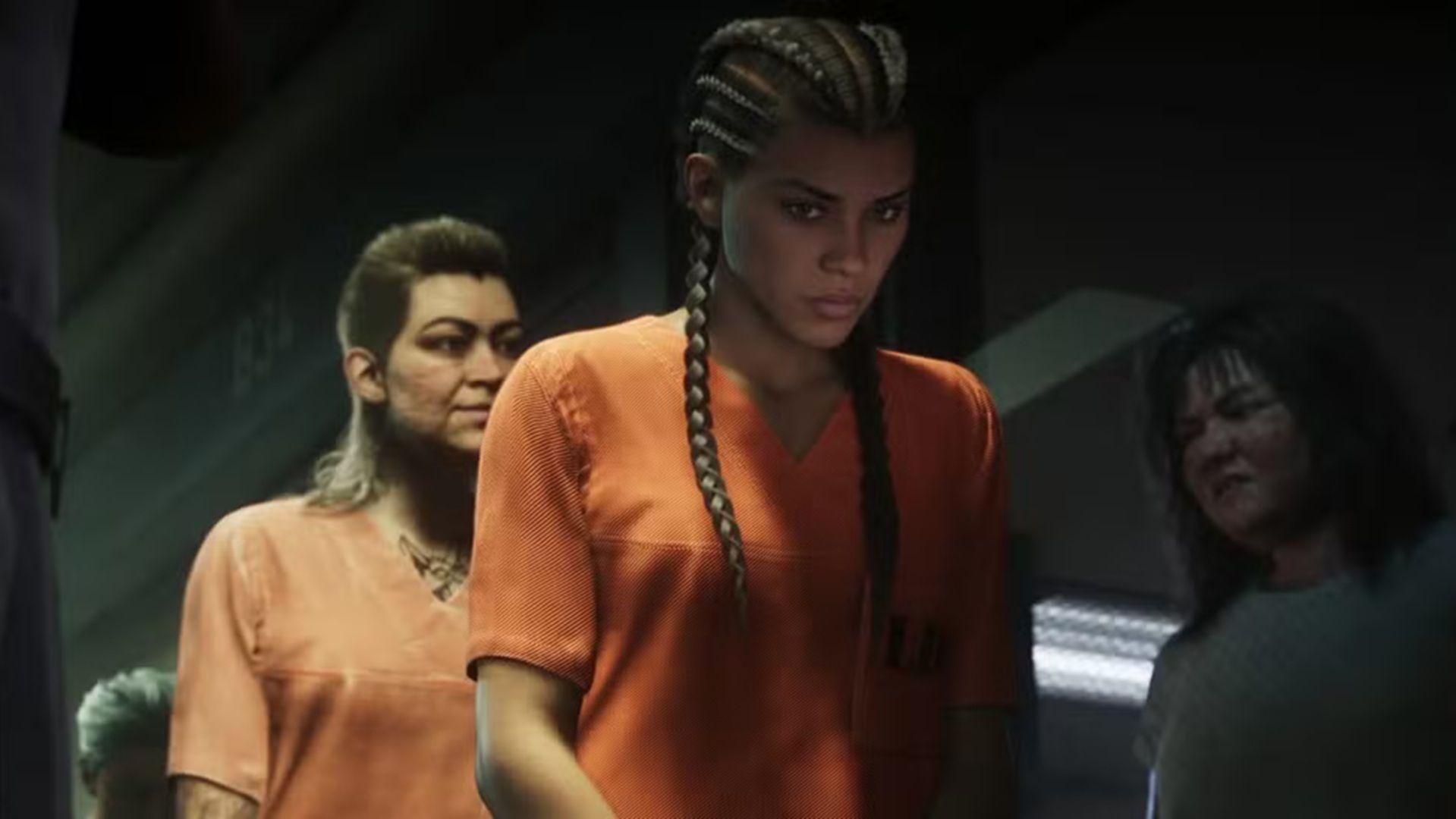 A photo of Lucia wearing a prison jumpsuit from Trailer 1.